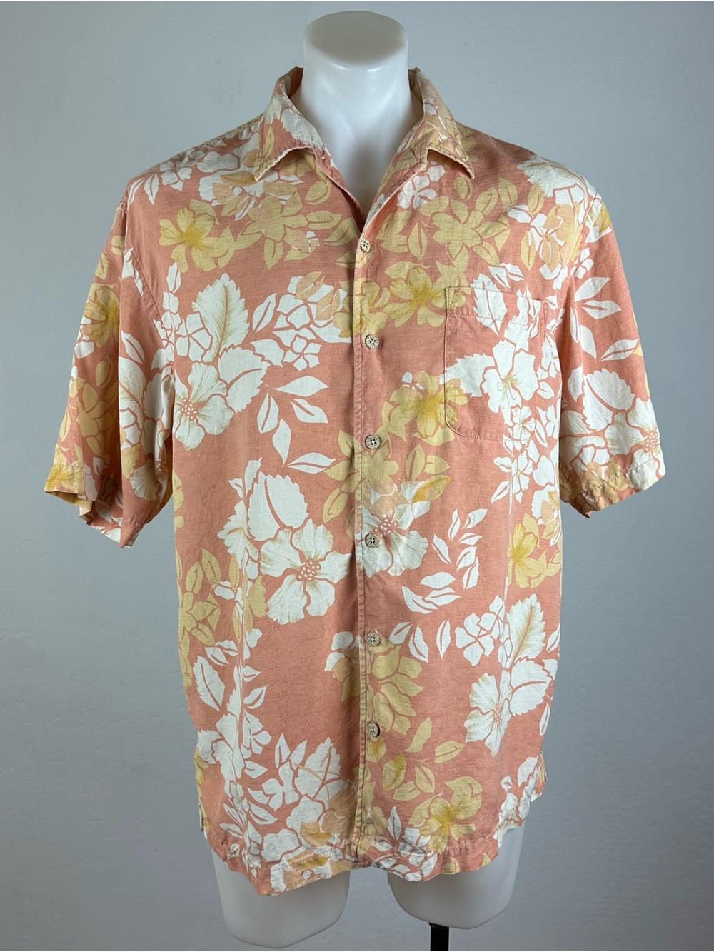 Tommy Bahama 100% Silk Coral and Cream Floral Button-Up